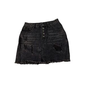 Boohoo Black Denim Mini Skirt Distressed Raw Hem Button Front Womens 6 Festival